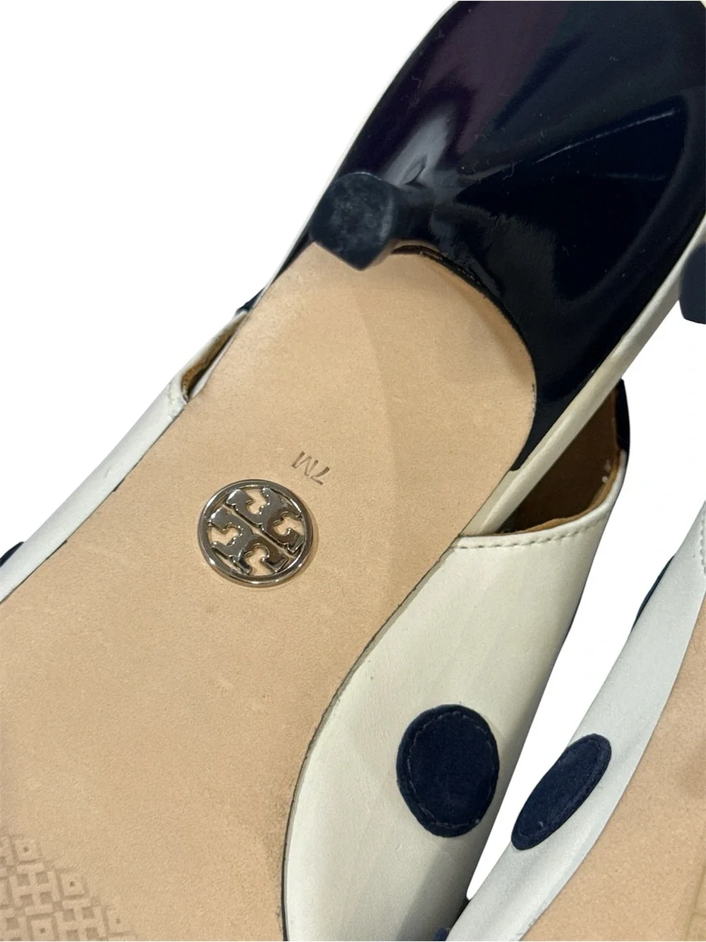Tory Burch White Slingback Heels with Navy Polka Dots